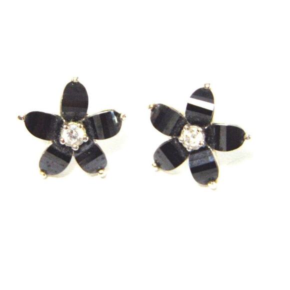 VTG Sterling Silver 15mm Onyx Black Facet Hematite FLOWER EARRINGS Stud Posts - Picture 1 of 1